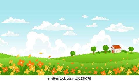 Sunny day seamless landscape with house on a hill and flower field.