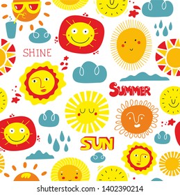 Sunny day seamless pattern with sky elements. Vector endless wallpaper with clouds, sun and rain drops. Funny doodle illustration for children fabric and surface design.
