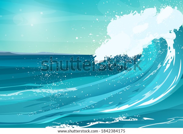 海辺で晴れた日 大きな波と泡と水しぶきを持つ海や海 ベクターカートーンイラスト のベクター画像素材 ロイヤリティフリー