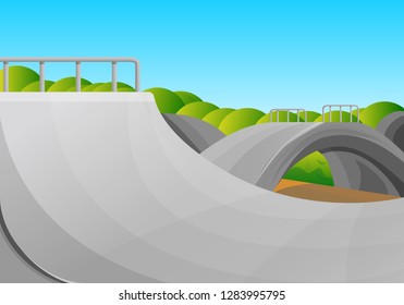 Sunny day skate park concept background. Cartoon illustration of sunny day skate park vector concept background for web design