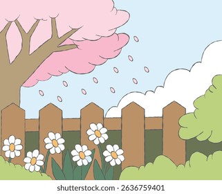 Sunny day spring cherry blossoms fallen and wooden fence