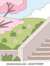 Sunny day spring cherry blossoms park and staircase