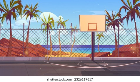 Sunny day street basketball court near sea beach vector background. School playground stadium with fence on ocean shore. Empty tropic sport arena with palm tree and blue sky with white clouds