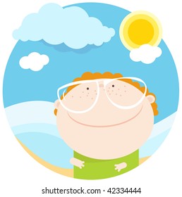 sunny day summer kid face child holiday cloud teen ocean sun clouds dancing shoreline beach tiny sea young light youth smiling boy optimistic sunburst shine liberty satisfaction lighting grin caricatu
