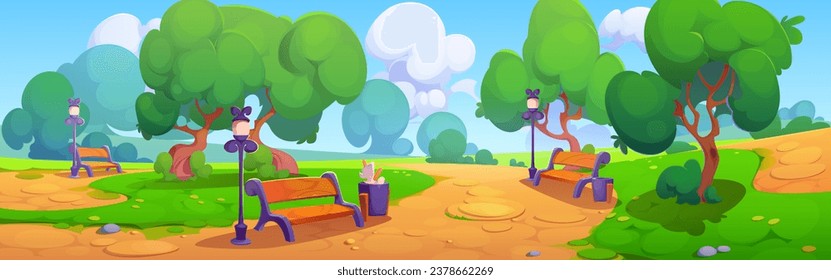 Sunny day in summer park. Vector cartoon illustration of public garden landscape with benches, waste bins and lanterns, green lawn and trees, fluffy white clouds in blue sky, natural background