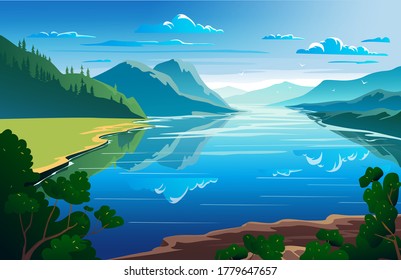 Sunny day, summertime, beautiful natural landscape Vector illustration