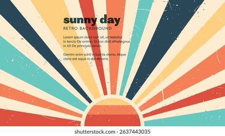 A sunny day, the sun and its rays. Retro background in the style of the seventies
