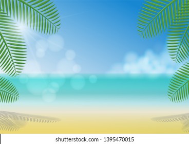 Sunny day under coconut trees shade on the beach, sea, clouds and clear blue sky background