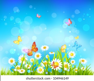 Sunny day vector background with flowers and butterflies with space for text.