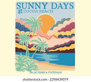 Diseño de camisetas vectoriales de día soleado. Obra de arte de vibraciones de verano. Ilustración de palmeras. Un cielo colorido. Vacaciones, buen tiempo en la playa.