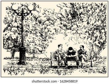 Sunny day view of the city street park with grass, trees and people. Summer day black and hand drawing with pen and ink. Engraving, etching, sketch style.