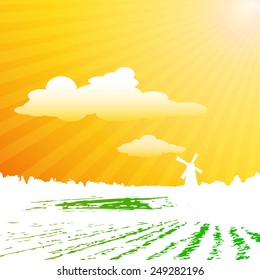 Sunny day in village. Vector illustration.