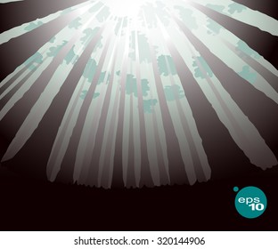 Sunny day in the woods. The sun's rays make their way through the dense forest. Abstract vector image of a wide angle lens (fish-eye filter) vertical tree trunks in a dense forest tending upwards. 