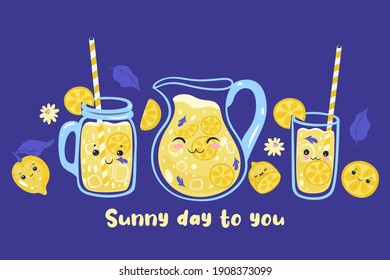 Sunny day to you. Postcard with kawaii lemonade. Vector graphics.