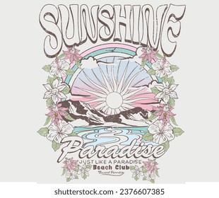 Sunny days. Endless summer. Summer good vibes graphic print design for t shirt print, poster, sticker, background and other uses. cocoa beach retro artwork. Tropical flower. Sunshine.