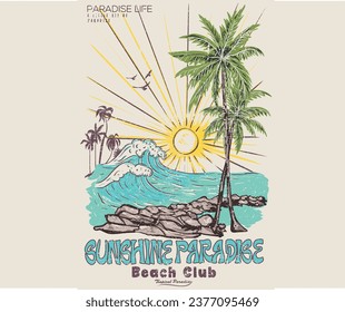 Sunny days. Sunshine paradise. Summer good vibes graphic print design for t shirt print, poster, sticker, background and other uses. cocoa beach retro artwork. Tropical flower. beach rock.