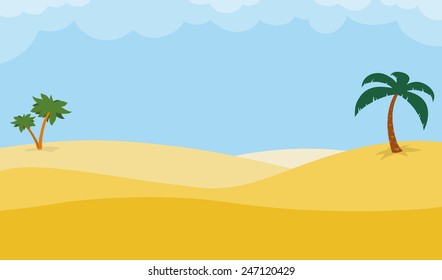 Sunny desert background with palm trees on rolling golden sand dunes under a hot blue tropical sky, illustration with copy space