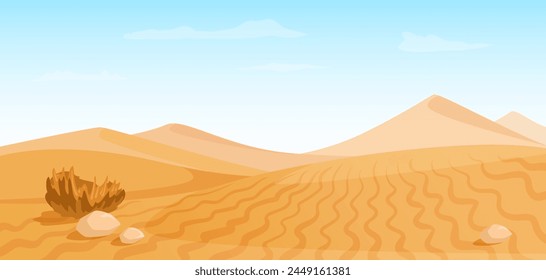 A sunny desert landscape with sand dunes, a few rocks, and some vegetation, in a flat design style on a clear background, depicting serenity. Vector illustration