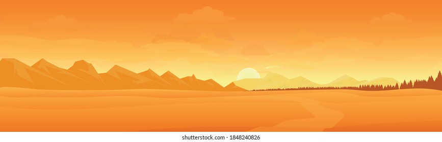 Sunny desert with mountains, yellow sand. Vector illustration