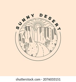 sunny desert vintage line art and road logo vector symbol illustration design