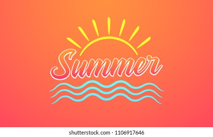 Sunny design of Summer Lettering. Vector illustration of Summer lettering with sun and sea waves, background in orange and pink colors