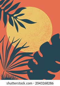 Sunny disk with texture and tropical palm leaves at sunset or sunrise. Nice decorative composition for interior design. Vector.