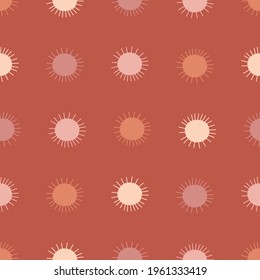 Sunny dots minimalistic abstract vector seamless pattern. Earthy coloured sun polka dots decorative background. Solar shapes geometric bohemian vibes print design. 