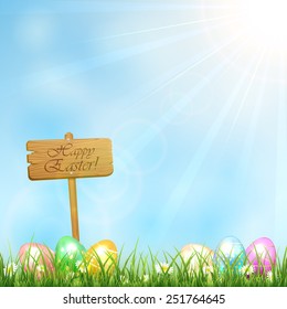 Sunny Easter background with wooden sign and eggs, illustration.