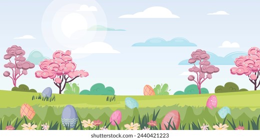 Sunny Easter day,  green lawn scattered with colorful eggs. Easter egg hunt. Cute template for Easter events 