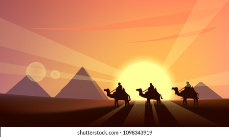 sunny Egypt landscape with pyramids and camels