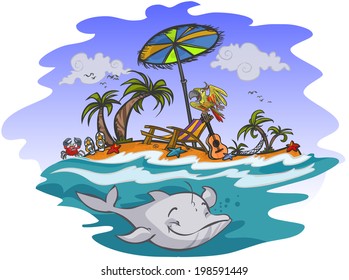 Sunny exotic beach illustration in cartoon style. All is in separated layers.