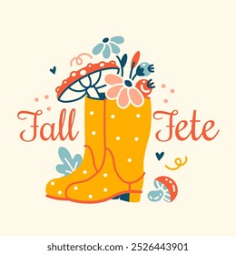 Estética del festival de otoño soleado. Ilustración vectorial del núcleo de la cabaña. Botas de goma brillantes llenas de un ramo de hojas, flores y setas. Decoración de vacaciones de otoño. Estampado rústico retro