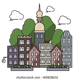 Sunny flat town with church. It is easy to edit. Vector illustration