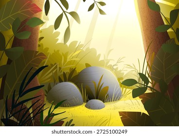 Sunny Forest Clearing Background With Rocks and Lush Greenery in Bright Morning Light (Ensolarado Floresta Limpando o Fundo com rochas e verde exuberante na luz da manhã brilhante). Cena serena colorida do ambiente da floresta com a luz solar. Cenário de desenhos animados vetoriais para crianças conto de fadas.