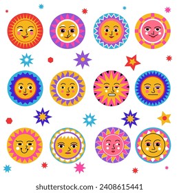 Sunny and funny faces, isolated sun with smiles and eyes, nose and emotion. Emoticons or stickers for social media, stars celestial bodies, space and galaxy theme. Vector in flat style illustration