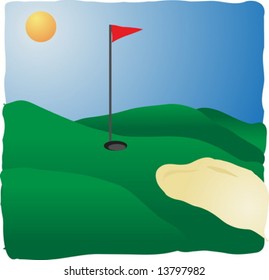 Campo de golf soleado con bandera y arena, ilustración