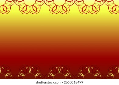 Sunny greeting card design with place for text in the center. Bright red ethnic seamless border. Ornate fire ornament. Red golden curved lines. Positive energy of the sun. Sun vector illustration