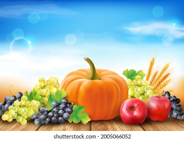 Sunny harvesting time composition with ripe fruits and pumpkin. Vector illustration.
