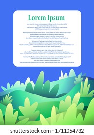 Sunny hills poster vector template in flat style. Summer meadow web banner design. Colorful landscape  border with copyspace. Trendy beauty of nature background for text.