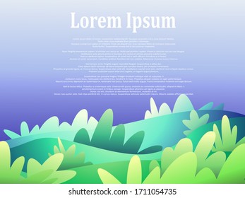 Plantilla vectorial de Sunny Hills en estilo plano. Diseño de banner web de la pradera de verano. Colorida frontera paisajística con espacio de copias. La belleza de moda del fondo natural para el texto.