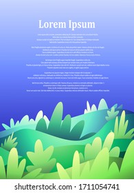 Sunny hills poster vector template in flat style. Summer meadow web banner design. Colorful landscape  border with copyspace. Trendy beauty of nature background for text.