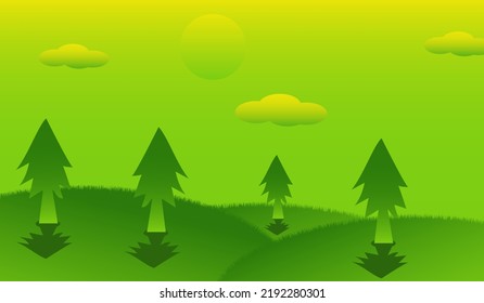 Sunny hills view with pine trees. Vector illustration
