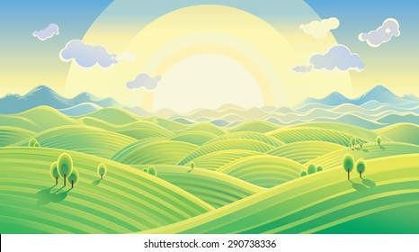 Sunny hilly landscape, sunrise over the hills.