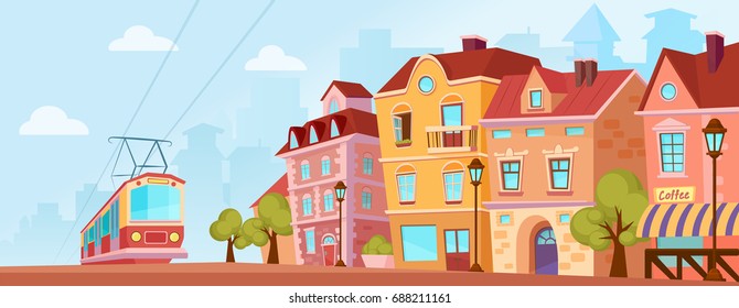 Sunny historical city street. Old city banner with tram. Cartoon vector illustration.