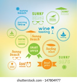 Sunny holiday! 16 creative marks - icons with summer holiday theme. Sizable and editable colorfully icons. Tourism and traveling theme. 