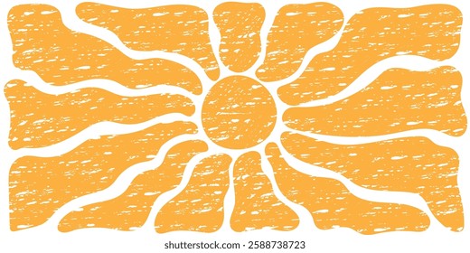 Sunny horizontal  background. Sun burst abstract retro poster in naive style. Seventies, groovy textured background. Hippie Aesthetic. Vector print	