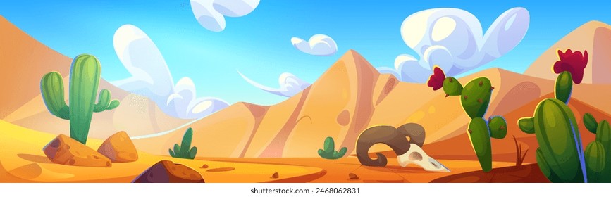 Sunny hot desert landscape with sand surface, dune hills, green cactus and grass, animal skull and blue sky with clouds. Cartoon vector illustration of sandy western or african wilderness scenery.