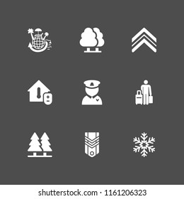 sunny icon. 9 sunny set with snow, travel, temperature and military vector icons for web and mobile app