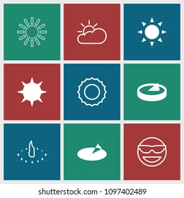 Sunny icon. collection of 9 sunny filled and outline icons such as sun, sundial, emot in sun glasses. editable sunny icons for web and mobile.