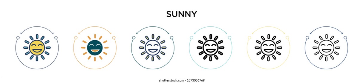 Icono soleado en el estilo relleno, delgado, contorno y trazo. Ilustración vectorial de dos diseños de iconos vectoriales coloridos y negros para móviles, ui, web